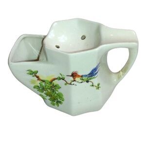 Vintage White Ceramic Shaving Mug with Tropical Bird on Tree